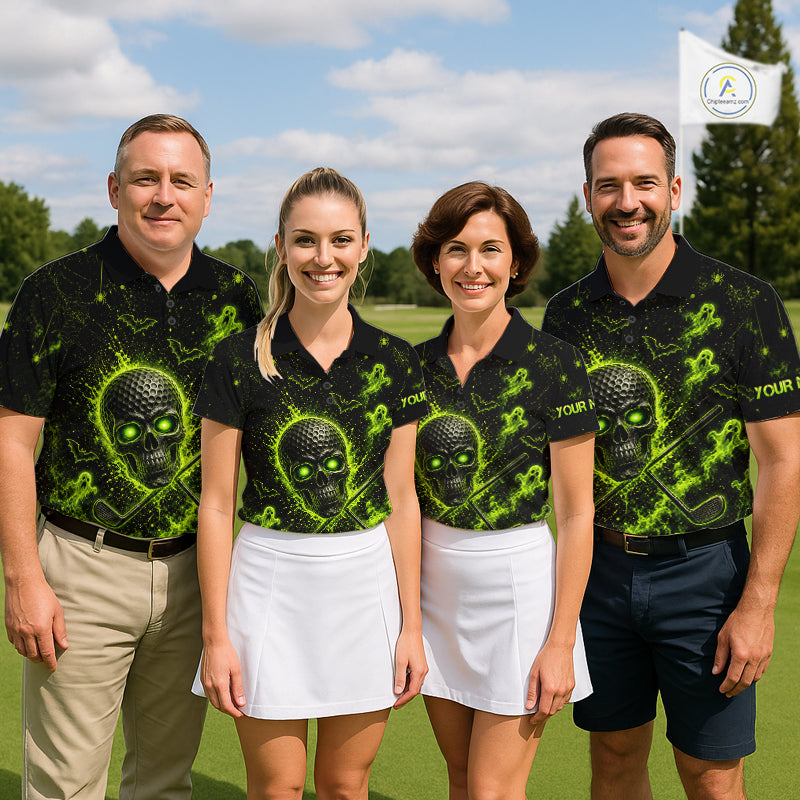 Custom Green Halloween Women Golf Team Shirt With Name, Neon Lime Skull Spooky Golf Polo Apparel NHT1437