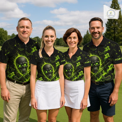 Custom Green Halloween Men Golf Team Shirt With Name, Neon Lime Skull Spooky Golf Polo Apparel NHT1437