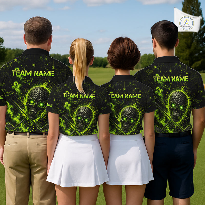 Custom Green Halloween Men Golf Team Shirt With Name, Neon Lime Skull Spooky Golf Polo Apparel NHT1437