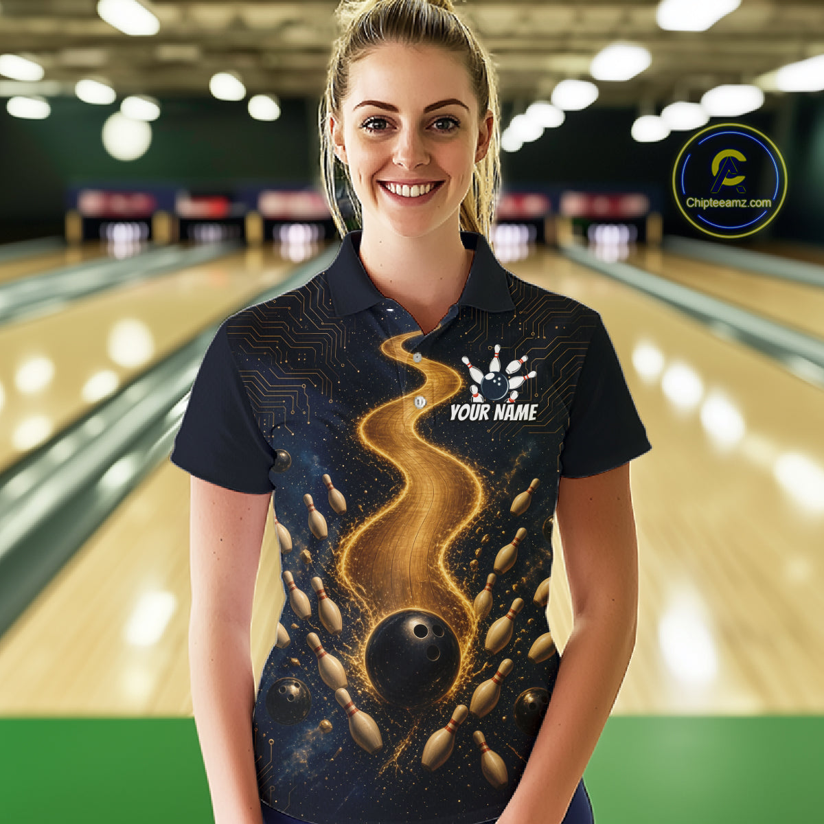 Personalized Golden Wave Circuit Tournament Polo, Custom Bowling Jerseys For Women NHT1599