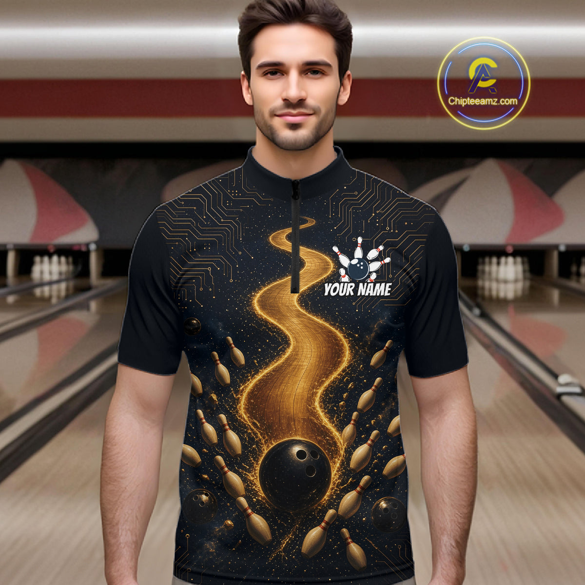 Personalized Golden Wave Circuit Tournament Polo, Custom Bowling Jerseys For Men NHT1599