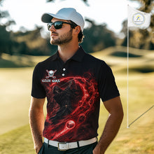 Load image into Gallery viewer, Man wearing a black polo shirt with a red graphic design on a golf course