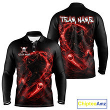 Load image into Gallery viewer, Black long-sleeve shirt with red and black dragon design on front and back, featuring 'Team Name' and 'Your Name' text.