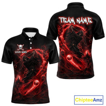 Load image into Gallery viewer, Black polo shirt with red and black design on front and back, featuring a logo and text.