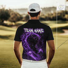 Load image into Gallery viewer, Man wearing a black polo shirt with purple graphic design and 'TEAM NAME' text on a golf course.