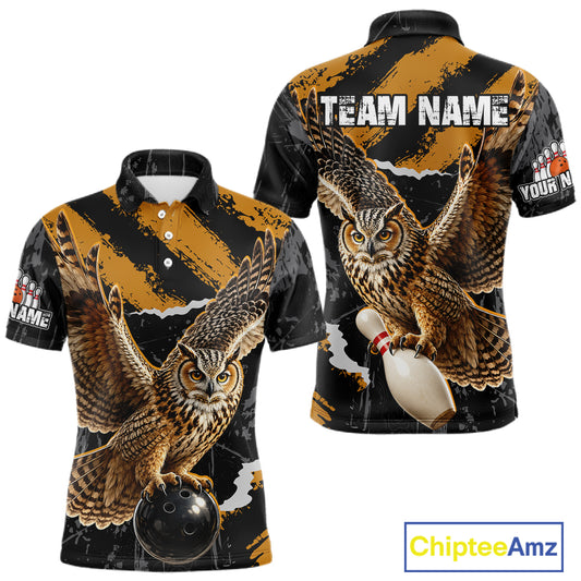 Custom short-sleeve polo shirt shown from the front and back, featuring a detailed graphic of a great horned owl holding a bowling ball and pin, with a black and distressed gold background and customizable text placeholders.