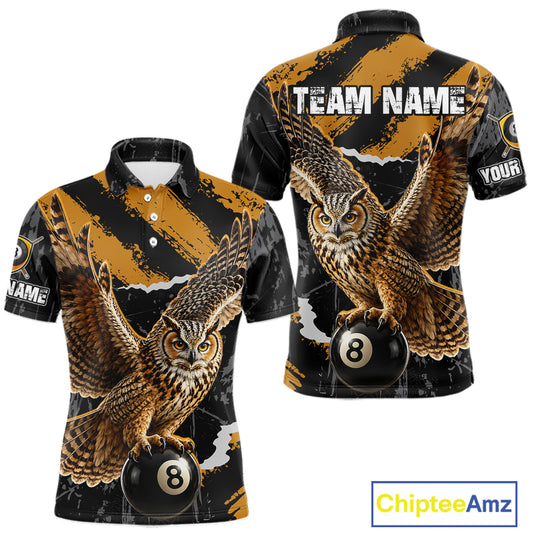 Personalized Owl 8 Ball Billiards Polo Shirt, Black And Gold Graphic Sports Jersey For Men NHT1288
