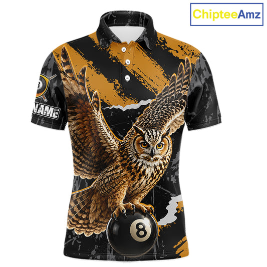 Personalized Owl 8 Ball Billiards Polo Shirt, Black And Gold Graphic Sports Jersey For Men NHT1288