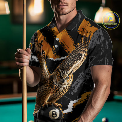 Personalized Owl 8 Ball Billiards Polo Shirt, Black And Gold Graphic Sports Jersey For Men NHT1288