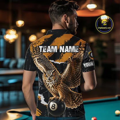 Personalized Owl 8 Ball Billiards Polo Shirt, Black And Gold Graphic Sports Jersey For Men NHT1288