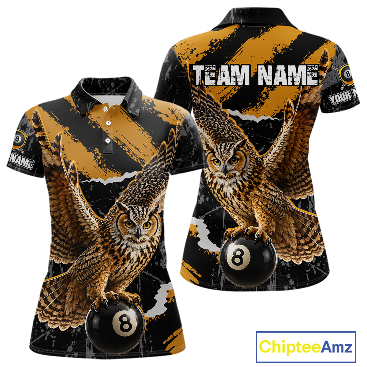 Personalized Owl 8 Ball Billiards Polo Shirt, Black And Gold Graphic Sports Jersey For Women NHT1288