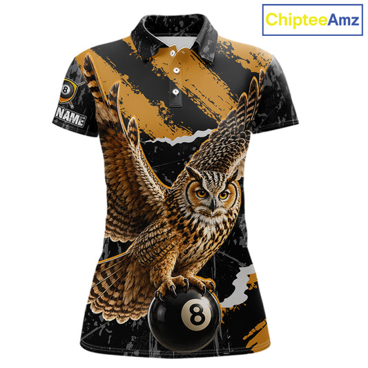 Personalized Owl 8 Ball Billiards Polo Shirt, Black And Gold Graphic Sports Jersey For Women NHT1288