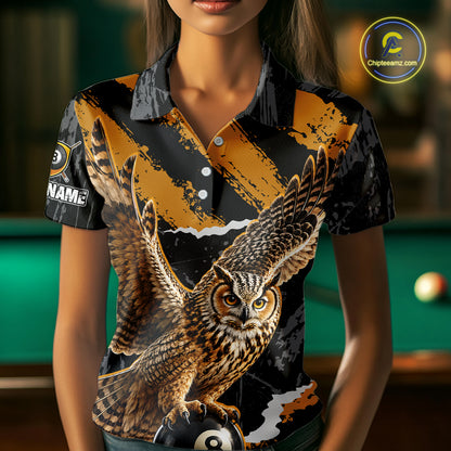 Personalized Owl 8 Ball Billiards Polo Shirt, Black And Gold Graphic Sports Jersey For Women NHT1288