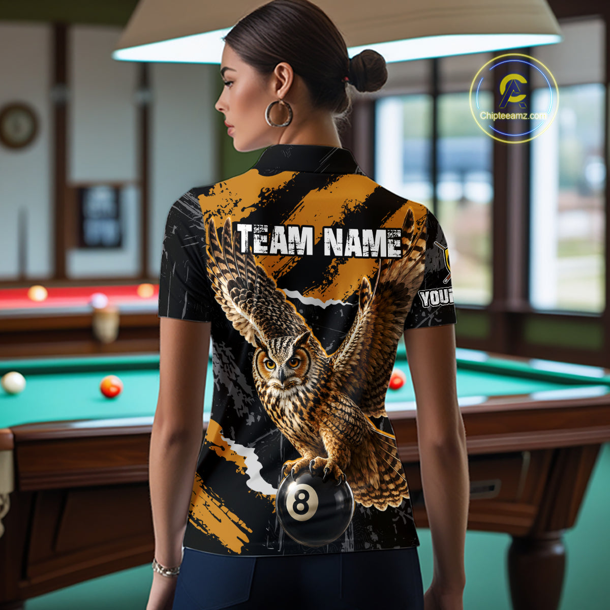 Personalized Owl 8 Ball Billiards Polo Shirt, Black And Gold Graphic Sports Jersey For Women NHT1288