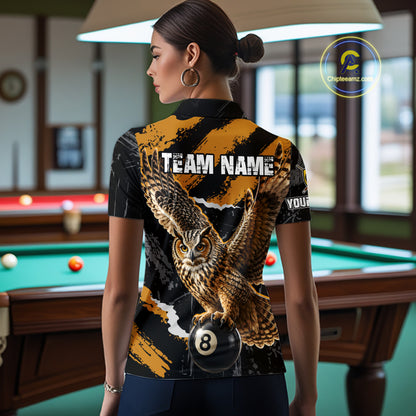 Personalized Owl 8 Ball Billiards Polo Shirt, Black And Gold Graphic Sports Jersey For Women NHT1288