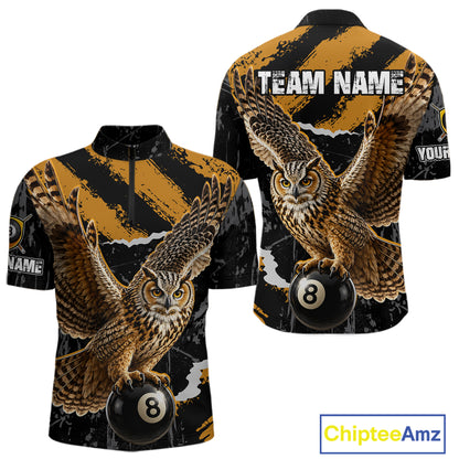 Personalized Owl 8 Ball Billiards Polo Shirt, Black And Gold Graphic Sports Jersey For Men NHT1288