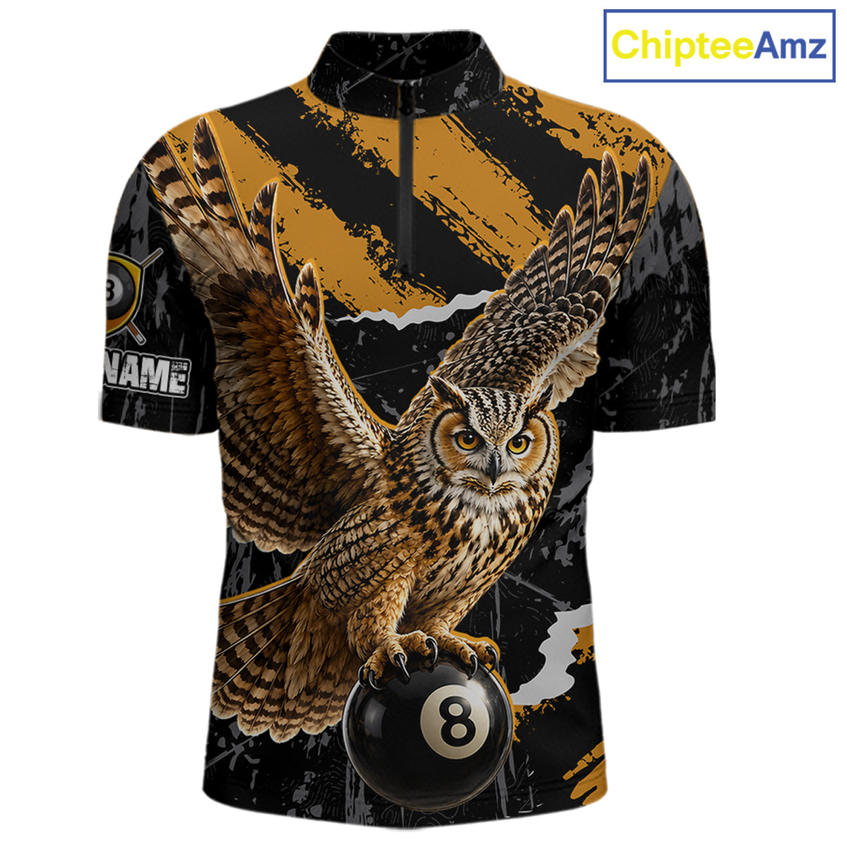 Personalized Owl 8 Ball Billiards Polo Shirt, Black And Gold Graphic Sports Jersey For Men NHT1288