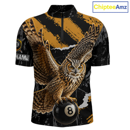 Personalized Owl 8 Ball Billiards Polo Shirt, Black And Gold Graphic Sports Jersey For Men NHT1288