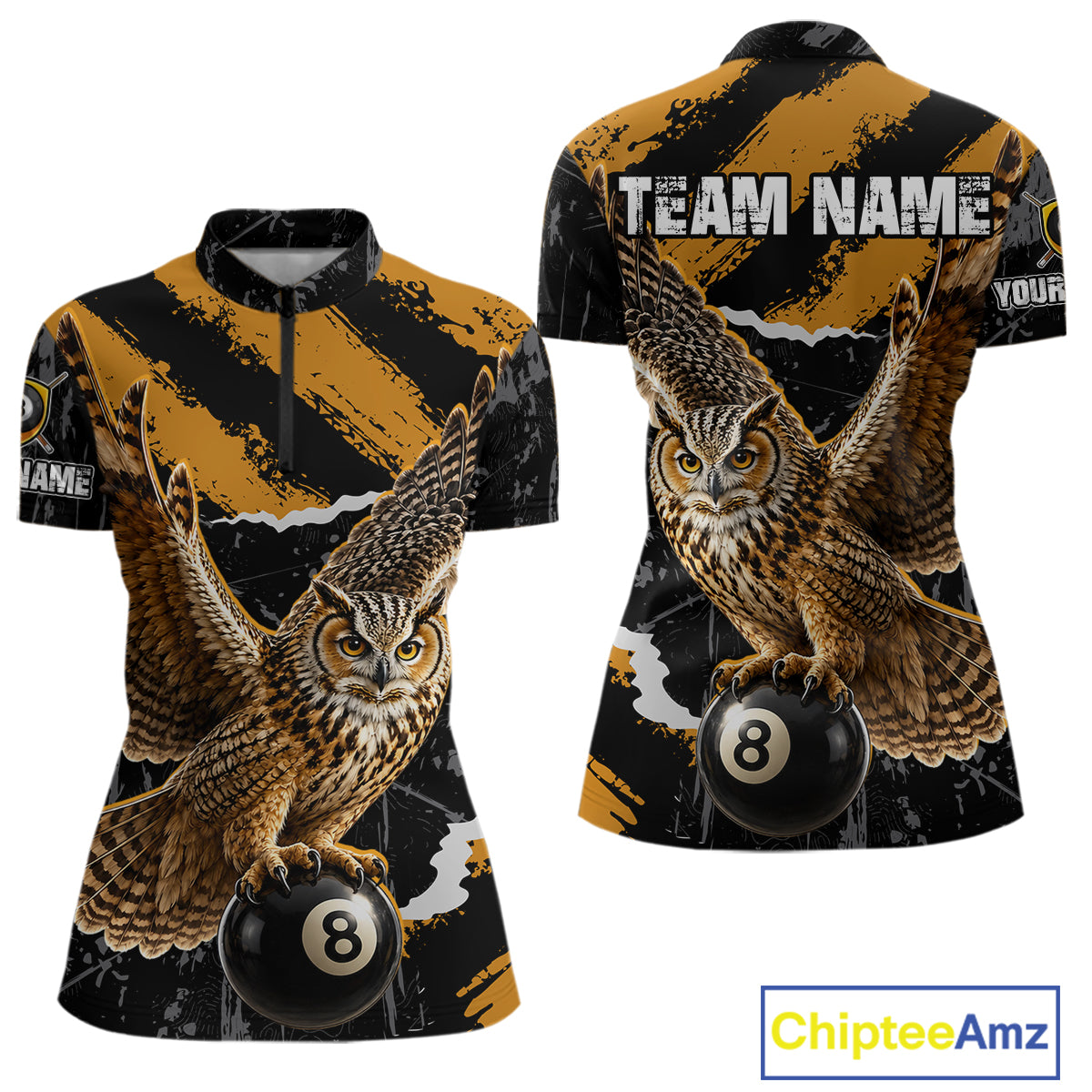 Personalized Owl 8 Ball Billiards Polo Shirt, Black And Gold Graphic Sports Jersey For Women NHT1288