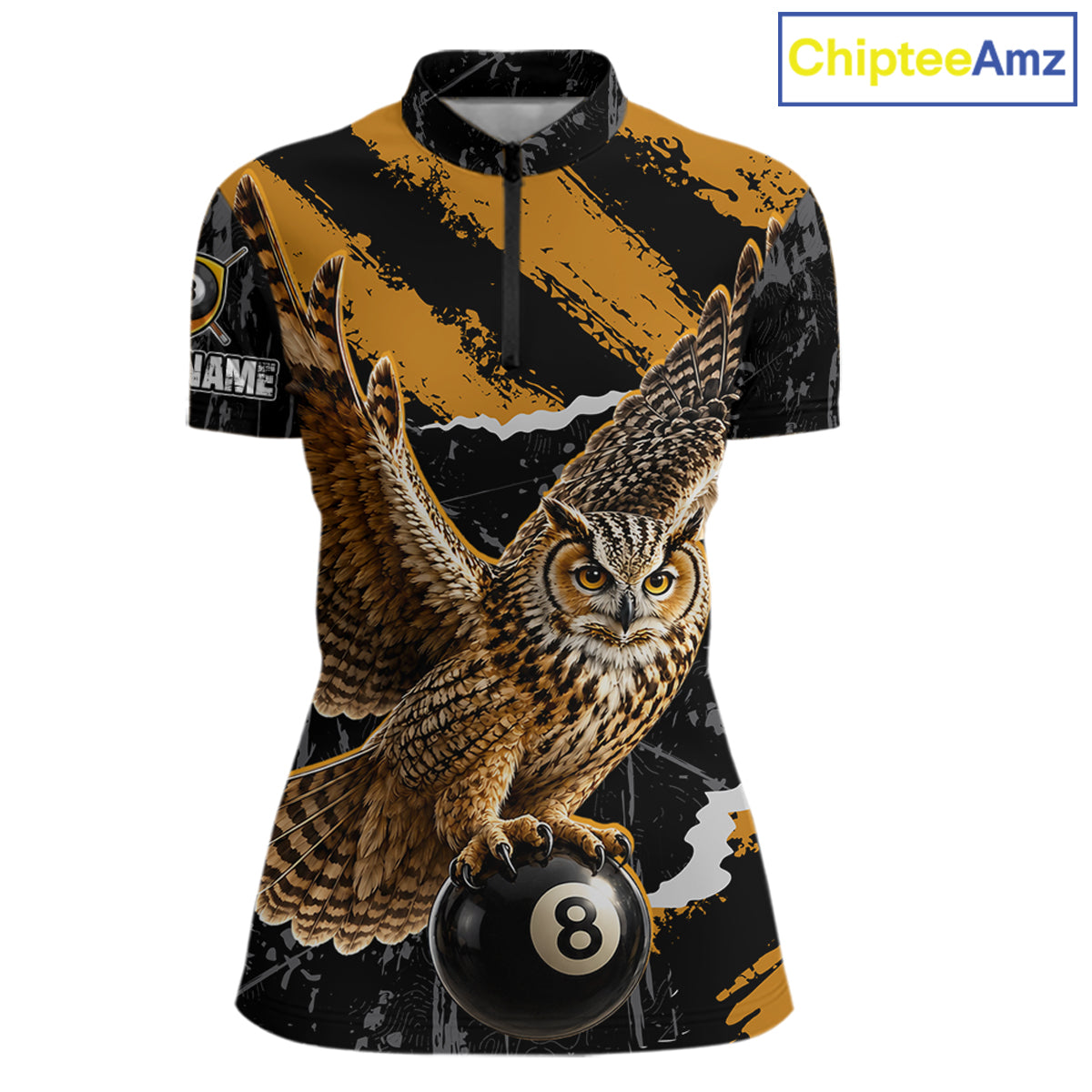 Personalized Owl 8 Ball Billiards Polo Shirt, Black And Gold Graphic Sports Jersey For Women NHT1288