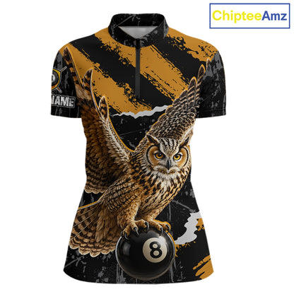 Personalized Owl 8 Ball Billiards Polo Shirt, Black And Gold Graphic Sports Jersey For Women NHT1288