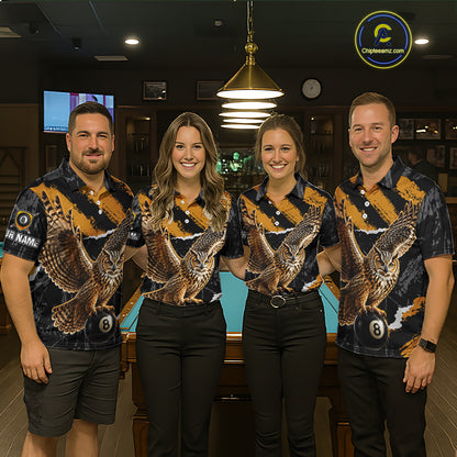 Personalized Owl 8 Ball Billiards Polo Shirt, Black And Gold Graphic Sports Jersey For Men NHT1288
