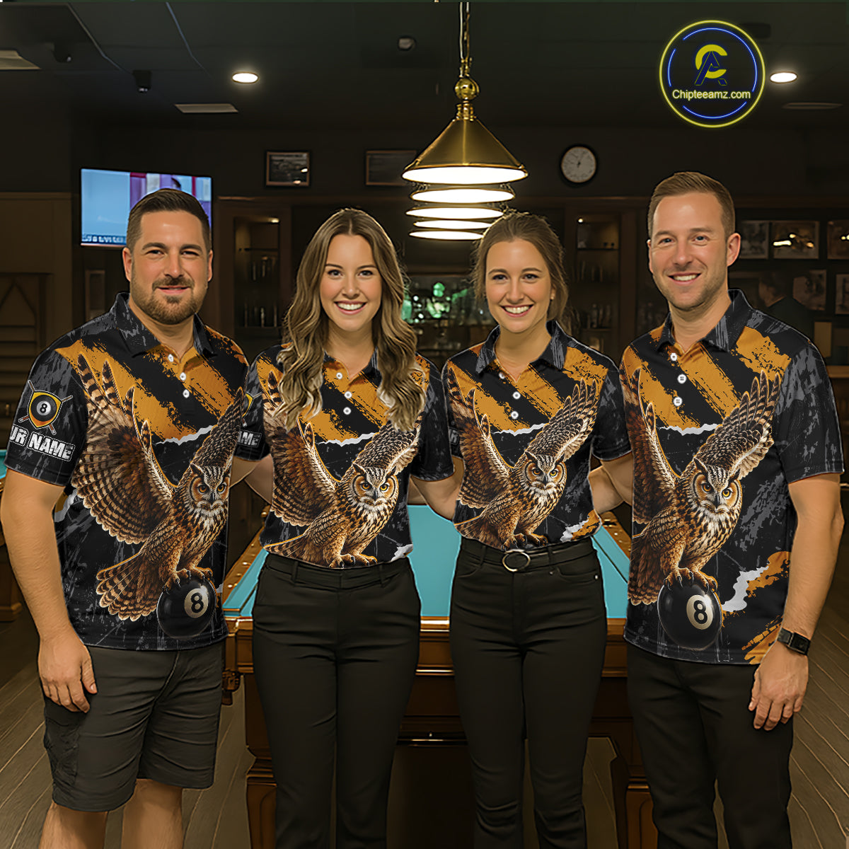 Personalized Owl 8 Ball Billiards Polo Shirt, Black And Gold Graphic Sports Jersey For Women NHT1288