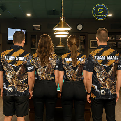 Personalized Owl 8 Ball Billiards Polo Shirt, Black And Gold Graphic Sports Jersey For Women NHT1288