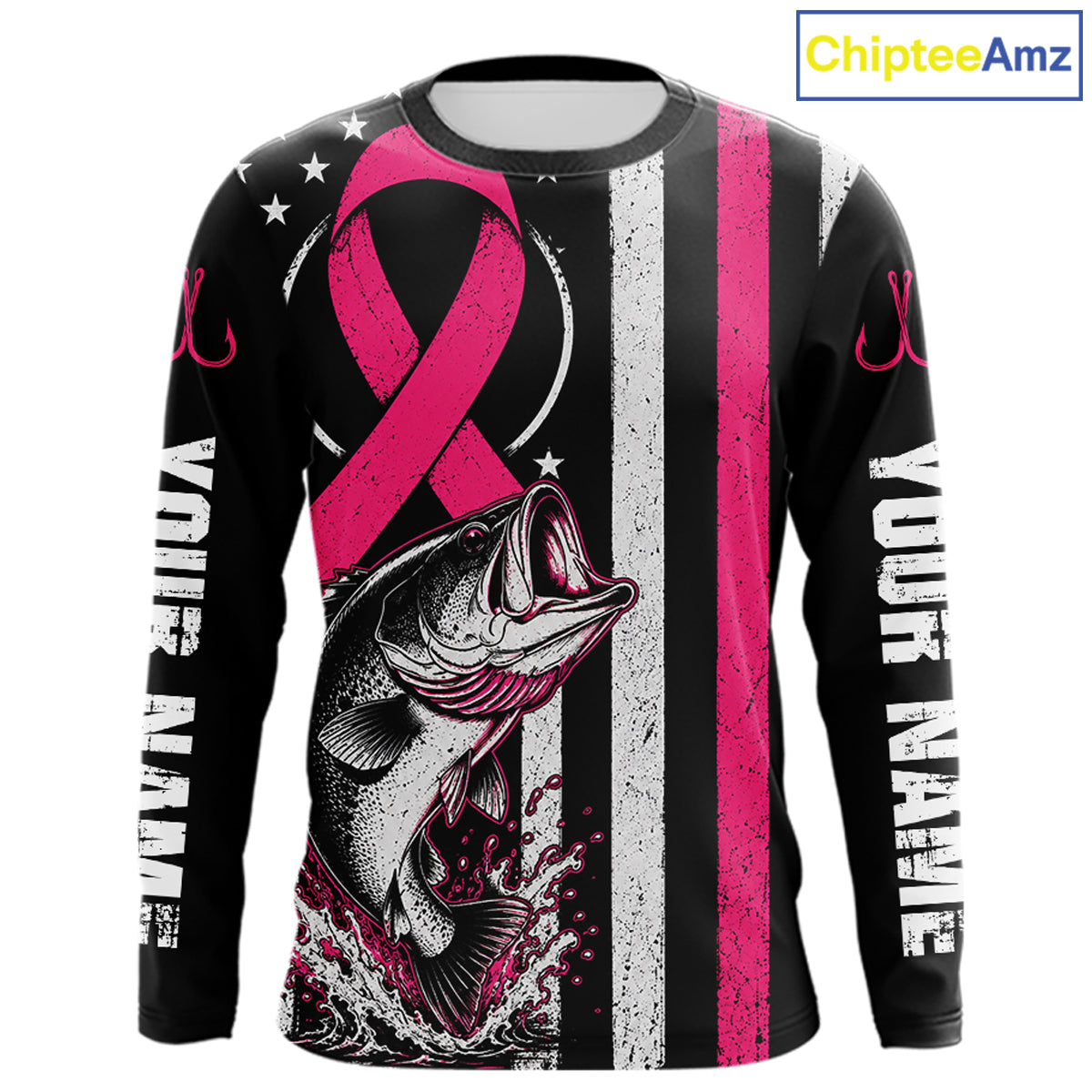 A long-sleeve black graphic shirt featuring a pink awareness ribbon, a fish illustration, distressed white and pink vertical stripes, and 'YOUR NAME' printed down both sleeves. A 'ChipteeAmz' logo is visible in the top right corner.