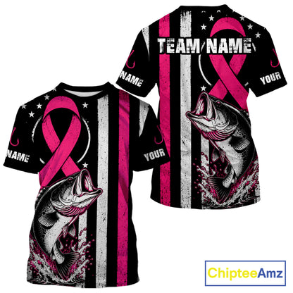 A customizable short-sleeve t-shirt with a black, white, and pink patriotic design featuring a jumping fish, a pink ribbon, and vertical stripes. The shirt includes placeholder text 'NAME' and 'YOUR' on the sleeves, and a 'ChipteeAmz' logo is visible in the top right corner.