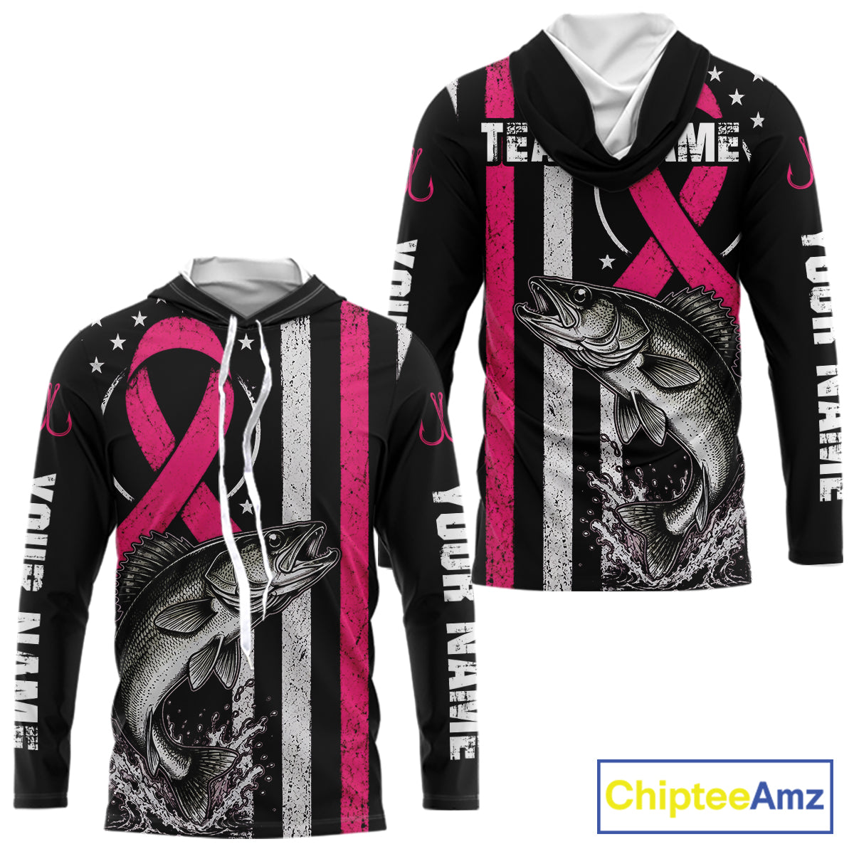 Front and back views of a black long-sleeve hoodie with a pink awareness ribbon, distressed vertical stripes, a large fish graphic, and white placeholder text on the sleeves and chest, shown on a white background with a ChipteeAmz logo in the corner.