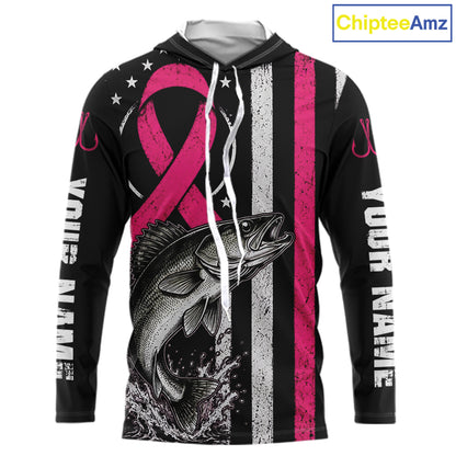 A black long-sleeve hoodie with a custom graphic print featuring a pink awareness ribbon, a fish, distressed white vertical stripes, and white text on the sleeves. The hood is lined with gray fleece.