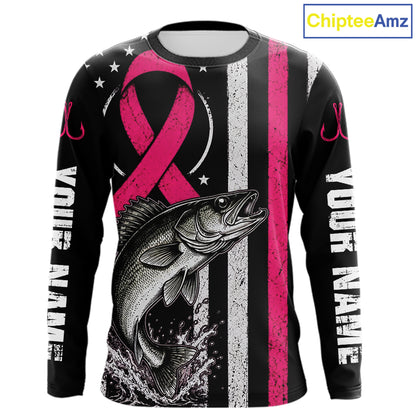 A long-sleeve black shirt with a pink awareness ribbon, a large fish graphic, distressed vertical white and pink stripes, and 'YOUR NAME' printed down both sleeves. A 'ChipteeAmz' logo is visible in the top right corner.