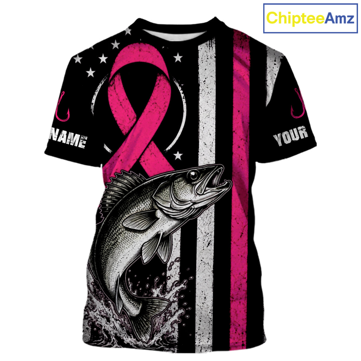 A customizable short-sleeve t-shirt featuring a black background with a large pink awareness ribbon, a detailed black-and-white fish graphic, distressed vertical stripes, and placeholder text 'NAME' and 'YOUR' on the sleeves. A 'ChipteeAmz' logo is visible in the top right corner.