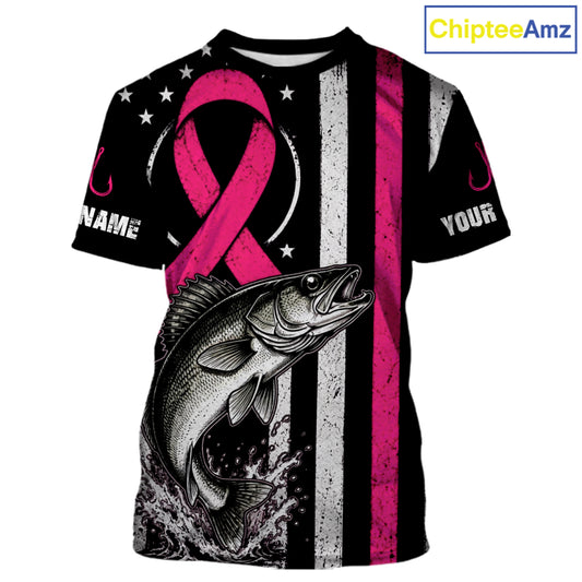 A customizable short-sleeve t-shirt featuring a black background with a large pink awareness ribbon, a detailed black-and-white fish graphic, distressed vertical stripes, and placeholder text 'NAME' and 'YOUR' on the sleeves. A 'ChipteeAmz' logo is visible in the top right corner.