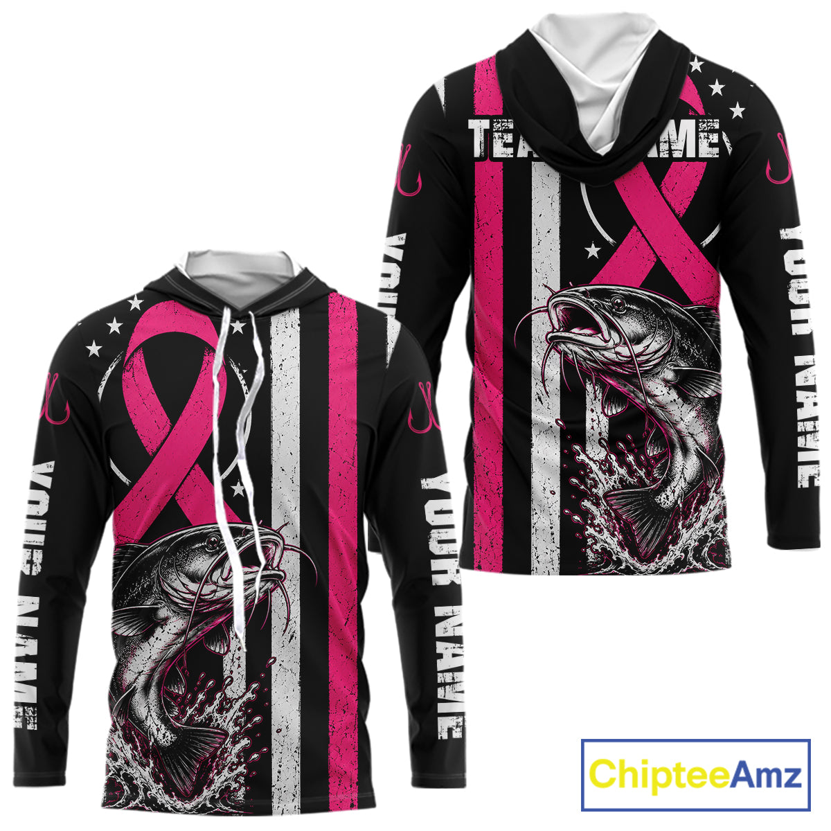 Front and back views of a black long-sleeve hoodie with a pink awareness ribbon, distressed vertical white stripes, a large fish graphic, and customizable white text on the sleeves and chest, shown on a white background with a ChipteeAmz logo.
