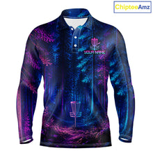 Load image into Gallery viewer, Mens Disc Golf Polo Shirt Custom Forest Neon Disc Golf Basket, Personalized Disc Golf Shirts NHT837