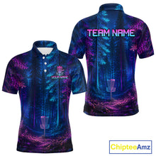 Load image into Gallery viewer, Mens Disc Golf Polo Shirt Custom Forest Neon Disc Golf Basket, Personalized Disc Golf Shirts NHT837