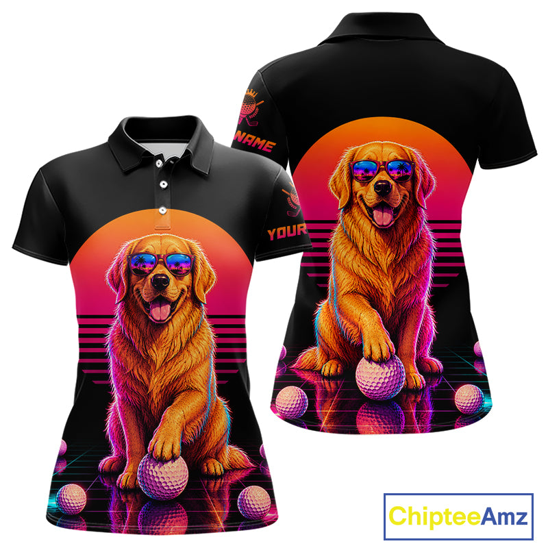 Personalized Golden Retriever Womens Golf Polo Shirt – Vintage Neon Golf Design
