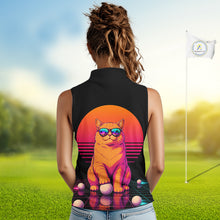 Load image into Gallery viewer, Personalized Funny Cat Womens Sleeveless Golf Polo Shirt – Vintage Neon Golf Design NHT992
