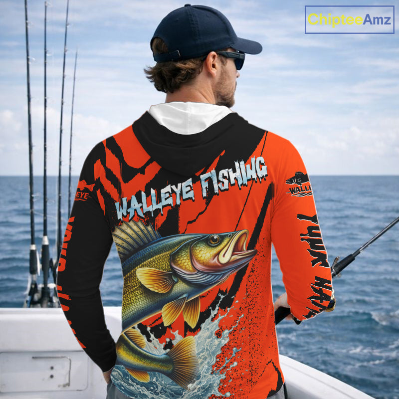 Orange Camo Walleye Fishing Custom Performance Long Sleeve Hooded, Walleye Fishing Jersey NHT432