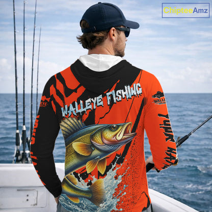Orange Camo Walleye Fishing Custom Performance Long Sleeve Hooded, Walleye Fishing Jersey NHT432