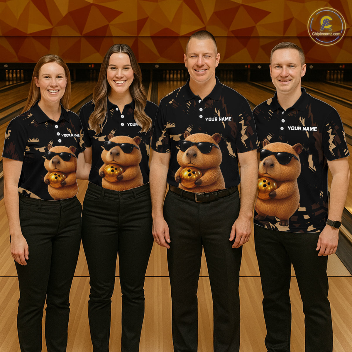 Funny Capybara Bowling Custom Polo Shirt, Quarter Zip Jersey, Personalized Team Name NHT1158