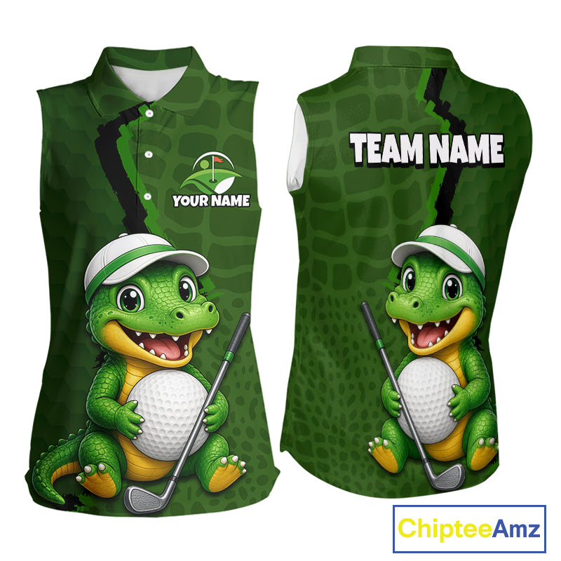 Personalized Green Crocodile Women Sleeveless Golf Polo Shirt, Custom Team Golf Shirt Gift For Golfer NHT1615