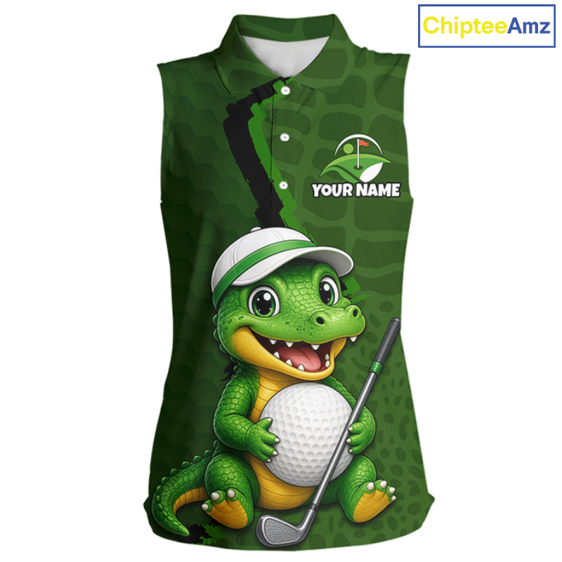 Personalized Green Crocodile Women Sleeveless Golf Polo Shirt, Custom Team Golf Shirt Gift For Golfer NHT1615