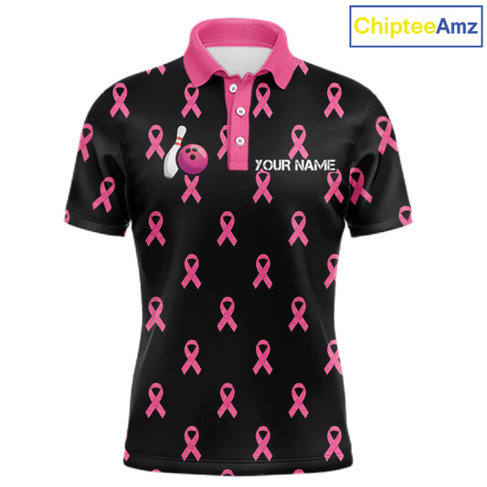 Custom Pink Ribbon Men Bowling Shirt, American Flag Breast Cancer Awareness Polo Gift For Bowler NHT1623