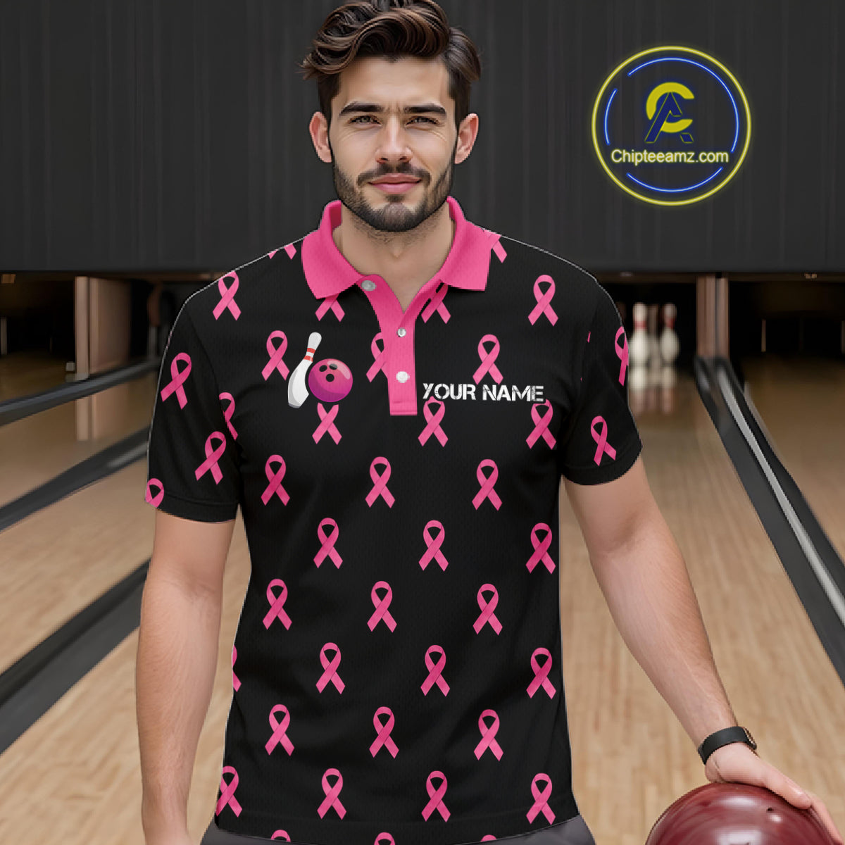 Custom Pink Ribbon Men Bowling Shirt, American Flag Breast Cancer Awareness Polo Gift For Bowler NHT1623