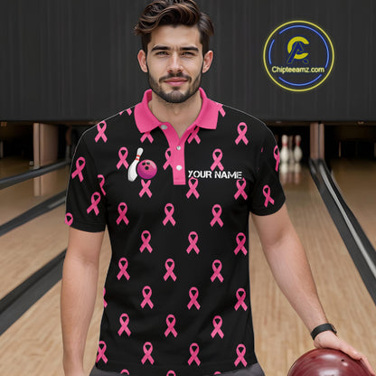Custom Pink Ribbon Men Bowling Shirt, American Flag Breast Cancer Awareness Polo Gift For Bowler NHT1623
