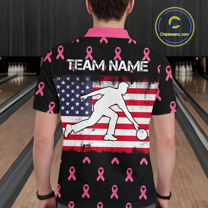 Custom Pink Ribbon Men Bowling Shirt, American Flag Breast Cancer Awareness Polo Gift For Bowler NHT1623