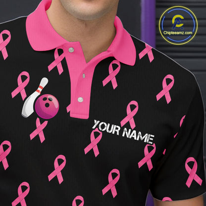 Custom Pink Ribbon Men Bowling Shirt, American Flag Breast Cancer Awareness Polo Gift For Bowler NHT1623